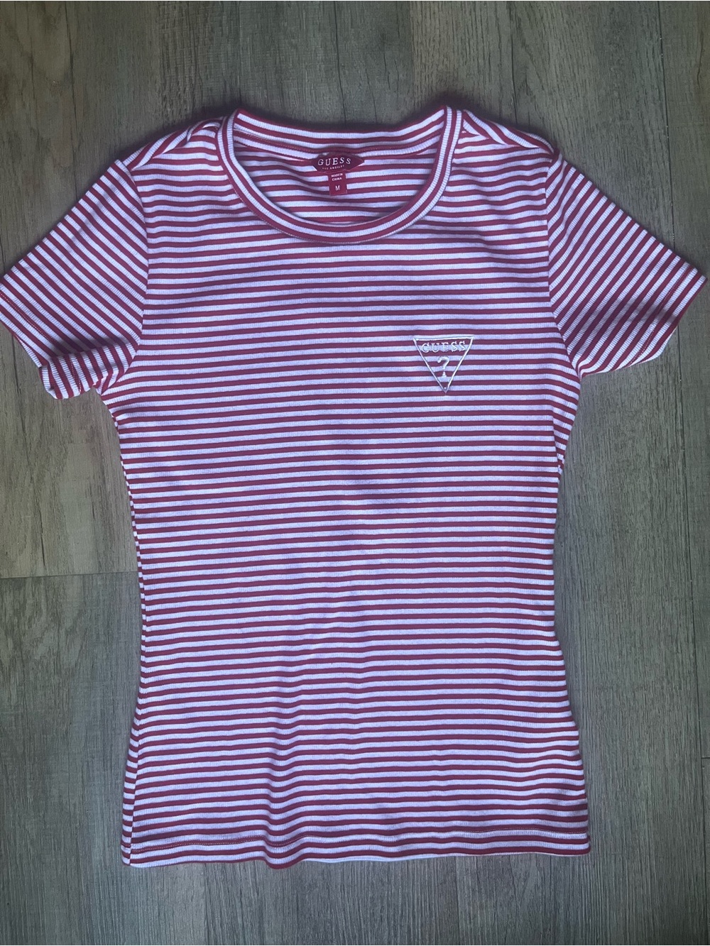 Guess Red & White Striped Short Sleeve Crew Tee